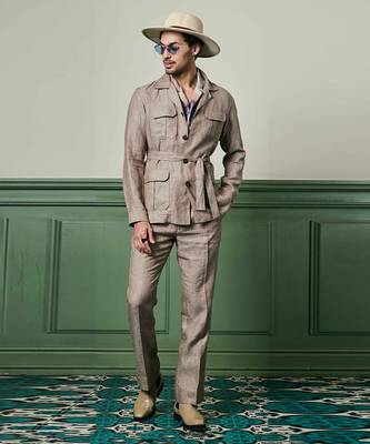 Herringbone textured linen safari suit 1