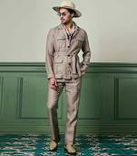 Herringbone textured linen safari suit