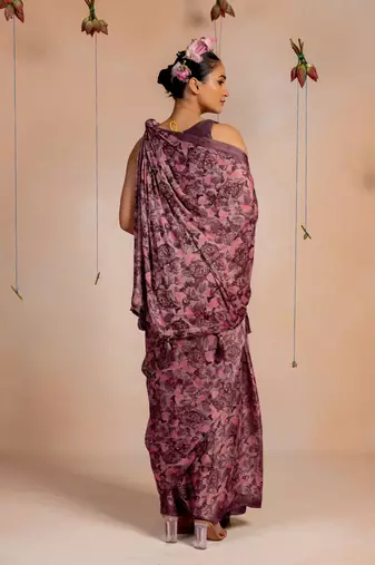 Dusty mauve chiffon  floral print  saree with unstitched blouse piece