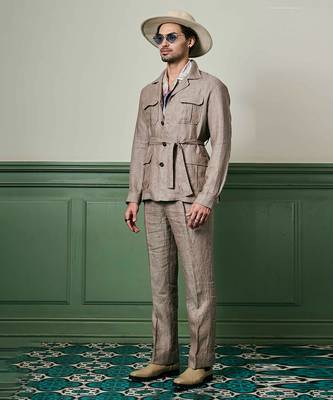 Herringbone textured linen safari suit 2