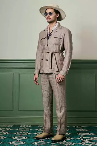 Herringbone textured linen safari suit
