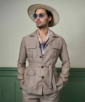 Herringbone textured linen safari suit 4