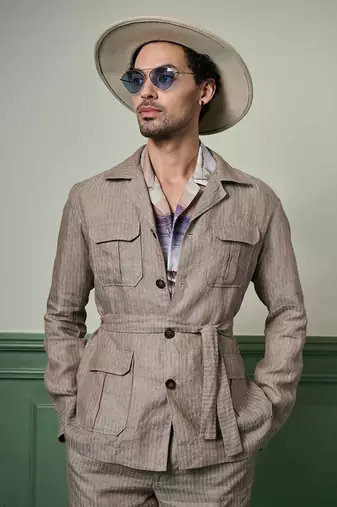 Herringbone textured linen safari suit