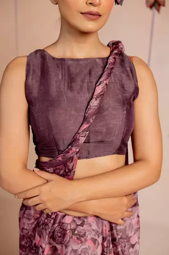 Dusty mauve chiffon  floral print  saree with unstitched blouse piece