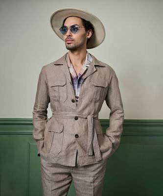 Herringbone textured linen safari suit 5