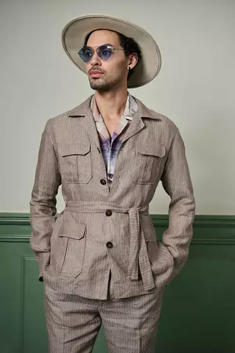 Herringbone textured linen safari suit
