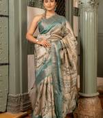 Beige silk blend floral print golden zari woven border saree with unstitched blouse piece