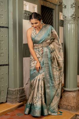 Beige silk blend floral print golden zari woven border saree with unstitched blouse piece 2