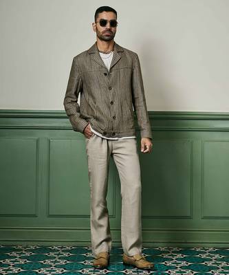 Brown houndstooth linen cuban collar jacket 1