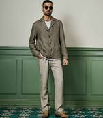 Brown houndstooth linen cuban collar jacket