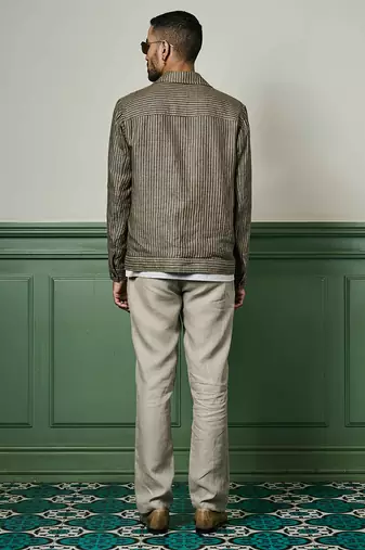 Brown houndstooth linen cuban collar jacket