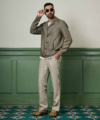 Brown houndstooth linen cuban collar jacket 4