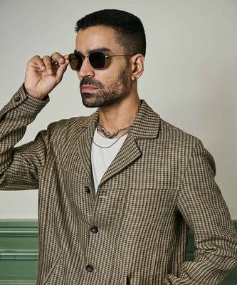 Brown houndstooth linen cuban collar jacket 5
