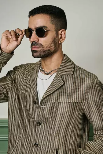 Brown houndstooth linen cuban collar jacket