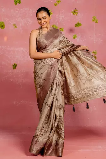 Beige silk blend floral print golden zari woven borde saree with unstitched blouse piece