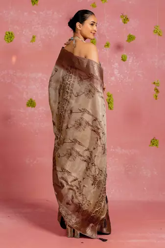 Beige silk blend floral print golden zari woven borde saree with unstitched blouse piece