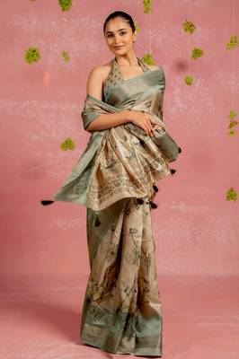 Beige silk blend floral print golden zari woven border tassels saree with unstitched blouse piece 2