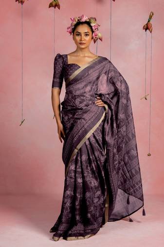 Dusty purple art silk floral print golden zari woven border saree with unstitched blouse piece
