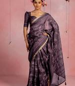 Dusty purple art silk floral print golden zari woven border saree with unstitched blouse piece
