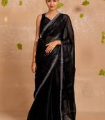 Black jimmy choo plain stone work stone border saree with unstitched blouse piece