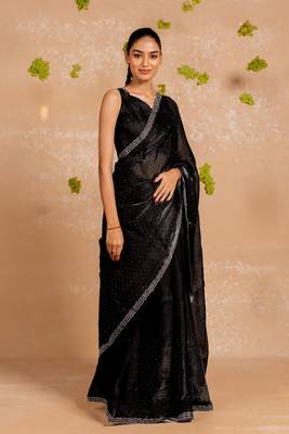 Sea green organza embroidered golden zari woven border saree with unstitched blouse piece 2