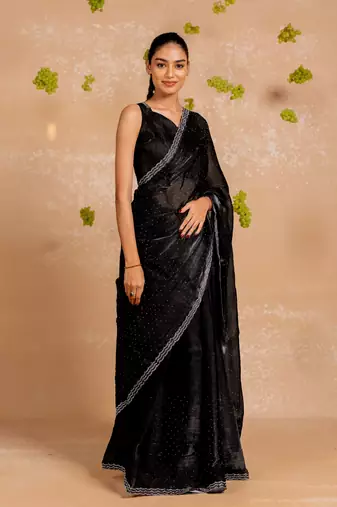 Sea green organza embroidered golden zari woven border saree with unstitched blouse piece