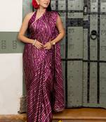 Magenta chiffon foil stripes leheriya print sequins lace border saree with unstiched blouse piece