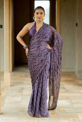 Dark purple chiffon foil chevron print ethnic motif sequins lace border saree with unstiched blouse piece 1
