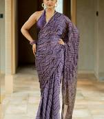 Dark purple chiffon foil chevron print ethnic motif sequins lace border saree with unstiched blouse piece