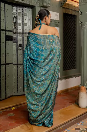 Rama blue chiffon foil chevron print ethnic motif sequins lace border saree with unstiched blouse piece