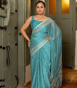 Turquoise blue chiffon stripes leheriya print zari work lace border saree with unstiched blouse piece