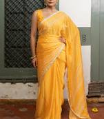 Yellow chiffon stripes leheriya print zari work lace border saree with unstiched blouse piece