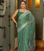 Dark green chiffon stripes leheriya print zari work lace border saree with unstiched blouse piece
