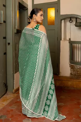 Dark green chiffon stripes leheriya print zari work lace border saree with unstiched blouse piece