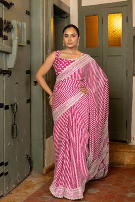 Rani pink chiffon stripes leheriya print zari work lace border saree with unstiched blouse piece 1