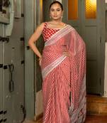 Red chiffon stripes leheriya print zari work lace border saree with unstiched blouse piece