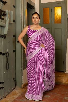 Dark magenta chiffon stripes leheriya print zari work lace saree with unstiched blouse piece 1