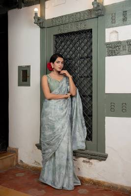 Light dusty blue chiffon foil floral print lace border saree with unstiched blouse piece 1