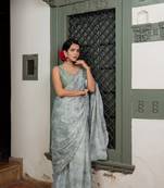 Light grey chiffon foil floral print lace border saree with unstiched blouse piece