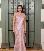 Light peach chiffon foil floral print lace border saree with unstiched blouse piece