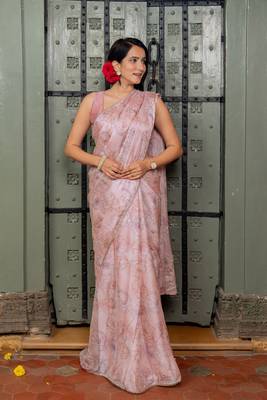 Light peach chiffon foil floral print lace border saree with unstiched blouse piece 2