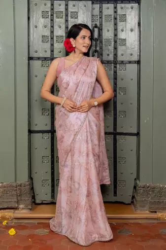Light peach chiffon foil floral print lace border saree with unstiched blouse piece