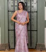 Light pink chiffon foil floral print lace border saree with unstiched blouse piece