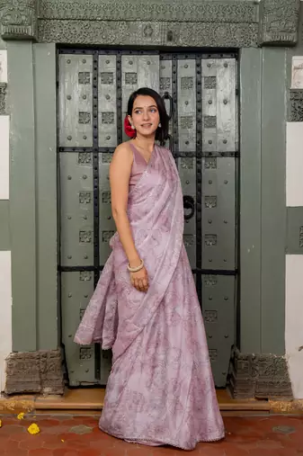 Light pink chiffon foil floral print lace border saree with unstiched blouse piece