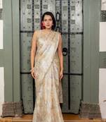 Cream chiffon foil floral print lace border saree with unstiched blouse piece