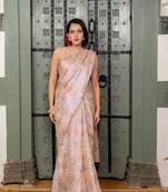 Light peach chiffon foil floral print lace border saree with unstiched blouse piece