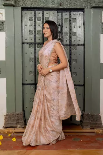 Light peach chiffon foil floral print lace border saree with unstiched blouse piece