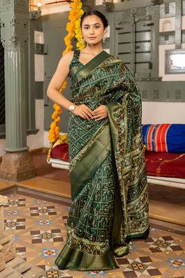 Red art silk ajrakh print golden zari saree with unstiched blouse piece 1