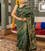 Dark green art silk warli checks print golden zari saree with unstiched blouse piece