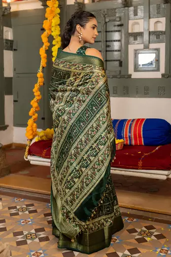 Red art silk ajrakh print golden zari saree with unstiched blouse piece